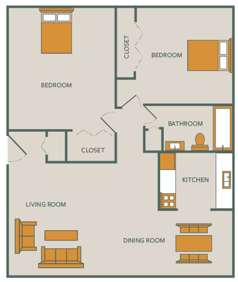 Floor plan for 2 beds, 1 bath, 750 sqft